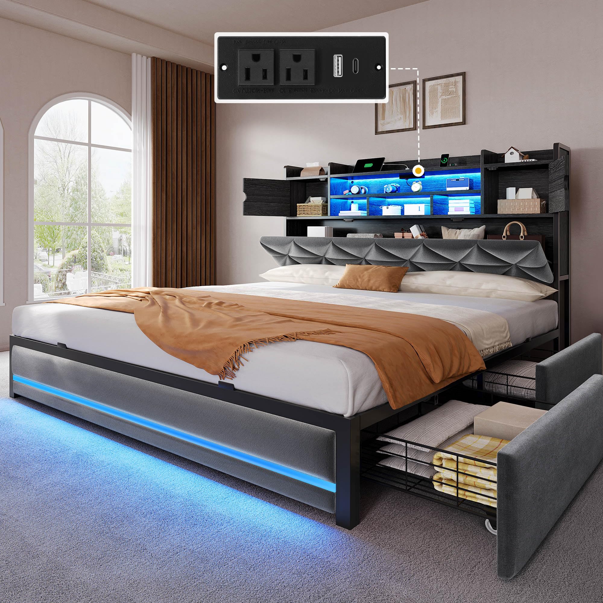 Photo 1 of **FOR PARTS ONLY, HAS DAMAGED PIECES** DWVO Queen Size Bed Frame with RGB LED Lights & Storage Bookcase Headboard