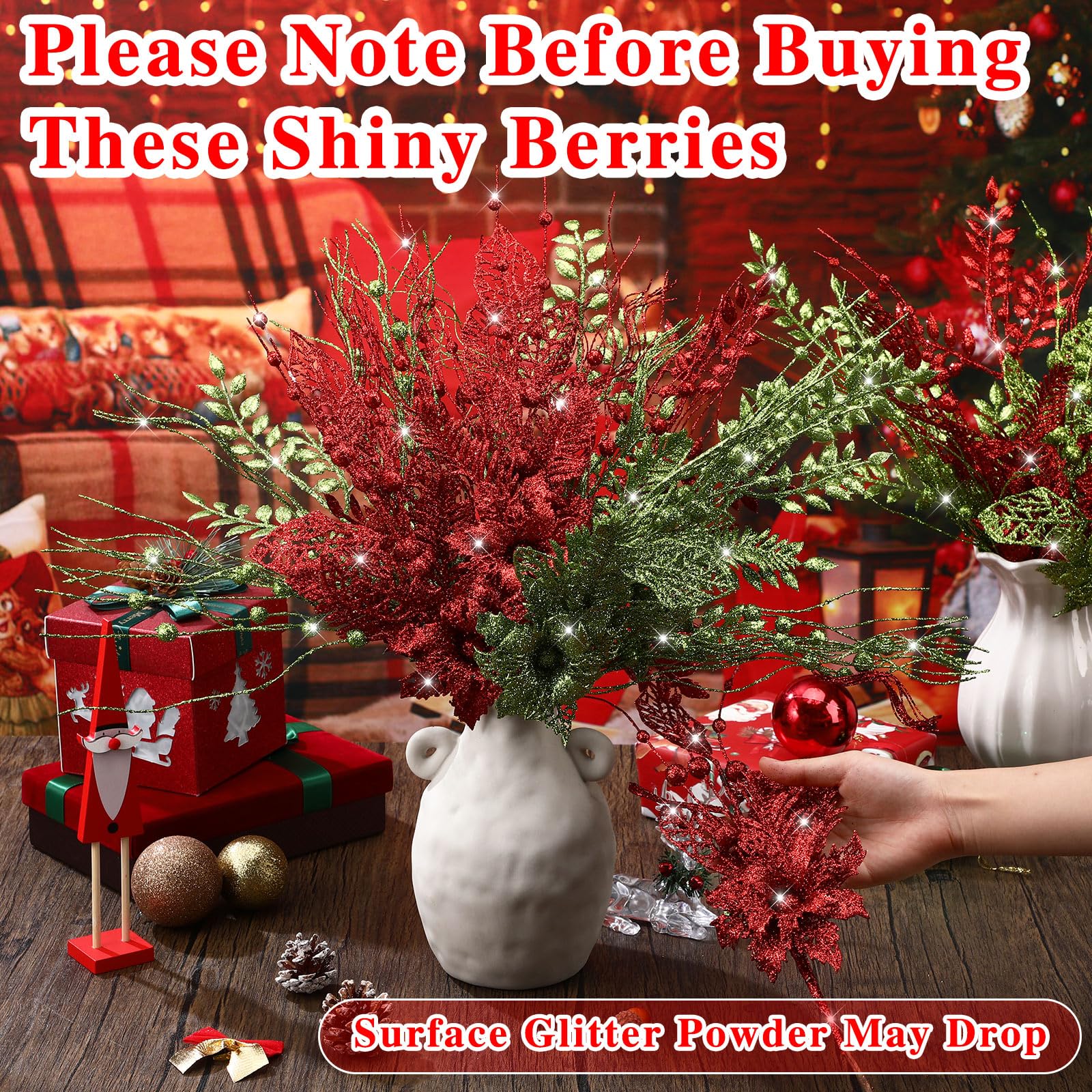 Thiccywoov Künstliche Glitzer-Beerenstiele, Ornamente, 44 cm, künstliche Weihnachtsspieße mit Weihnachtsstern, dekorativ, Glitzer-Beerenstäbchen, Zweig für Weihnachtsbaum, DIY-Kranz (Rot Grün)
