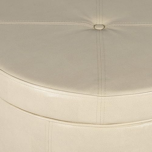 Miniatura 8 de HomePop Otomana redonda grande de cuero sintético con tapa extraíble, piel sintética color crema