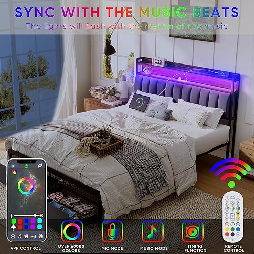 Miniatura 6 de HAUSHECK Base de cama Queen con cabecera de almacenamiento, dos cajones, luces LED y estación de carga, marco de cama LED sin ruido, tamaño Queen