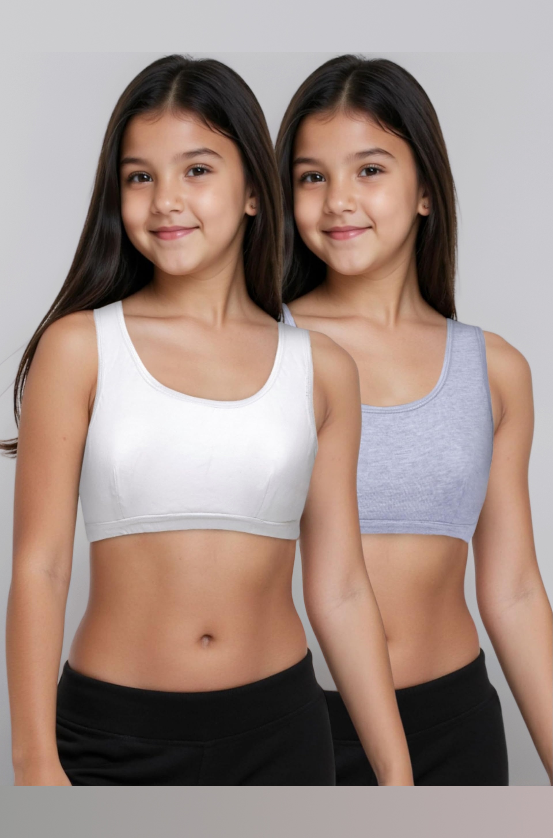 Essentials Sports Bra for Girls (Pack of 2) Cotton Non-Padded Full Coverage Beginners Non-Wired T-Shirt Gym Yoga Workout Bra with Regular Broad Strap, Training Bra for Teenagers