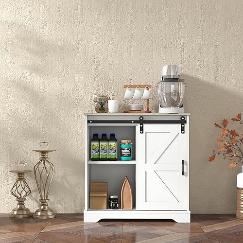 Miniatura 7 de Panana Aparador con puerta corrediza de granero, aparador de buffet, gabinete de almacenamiento, cafetería, cocina, estilo granja (gabinete blanco