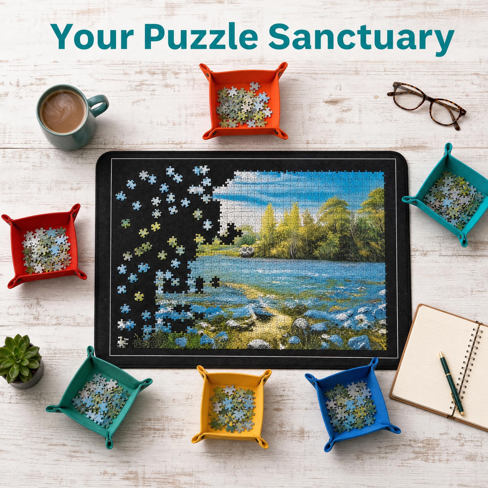 Planche de puzzle avec support pliable en feutre réglable pour puzzles jusqu'à 1000 pièces avec 6 trieurs + 1 housse (56 x 81 cm, noir)