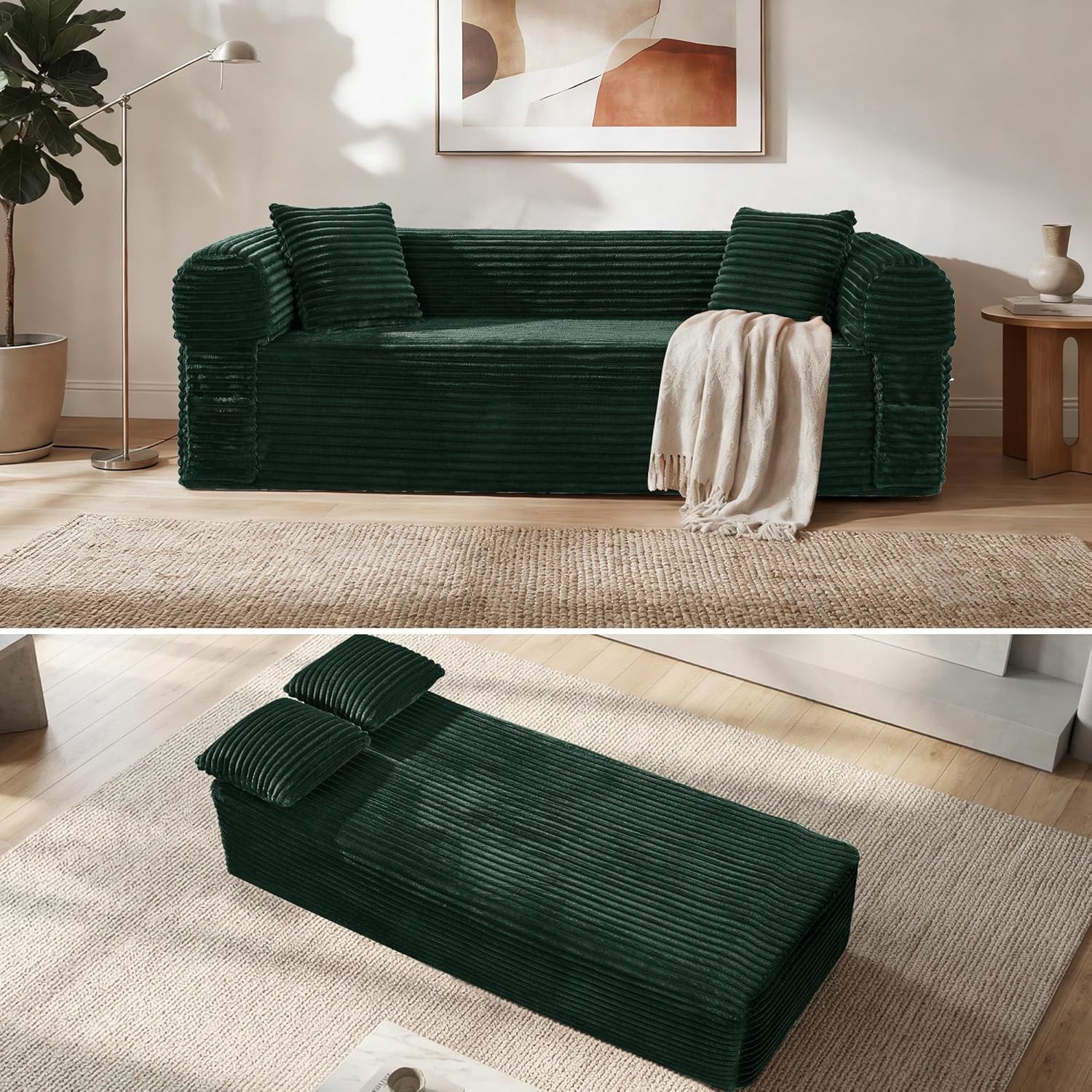 Boneless Couch in A Box 83'' 3 Seater Convertible Cloud Couch, Corduroy No Assembly Needed Sofa 30'' Deep Seat with 2 Pillows + Removable Backrest for Living Room, Office, Apartment, Dark Green