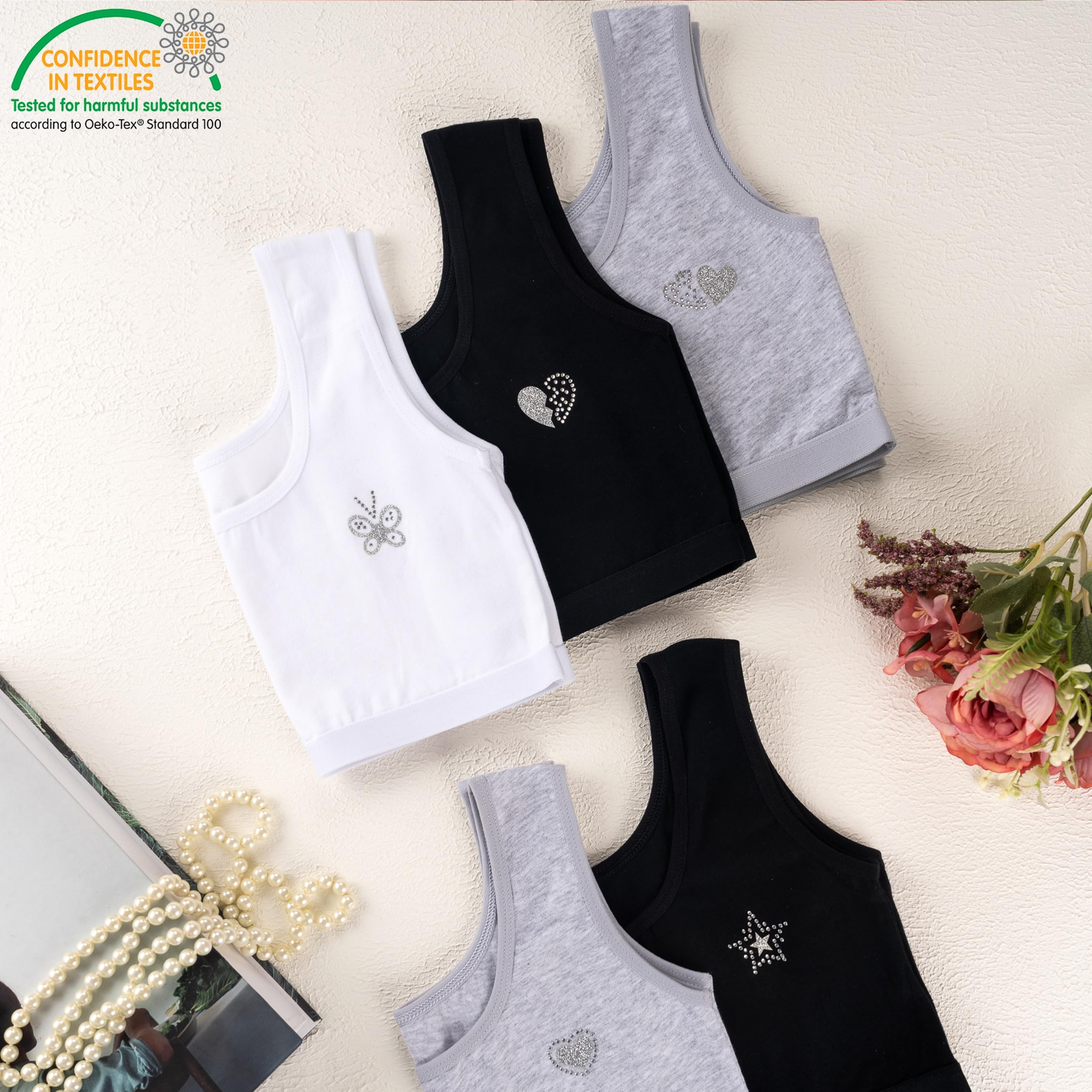 LOREZA ® 5 dziewczęcy biustonosz z bawełny ze strasem ramiączka spaghetti biustonosz sportowy rozmiar 140-170