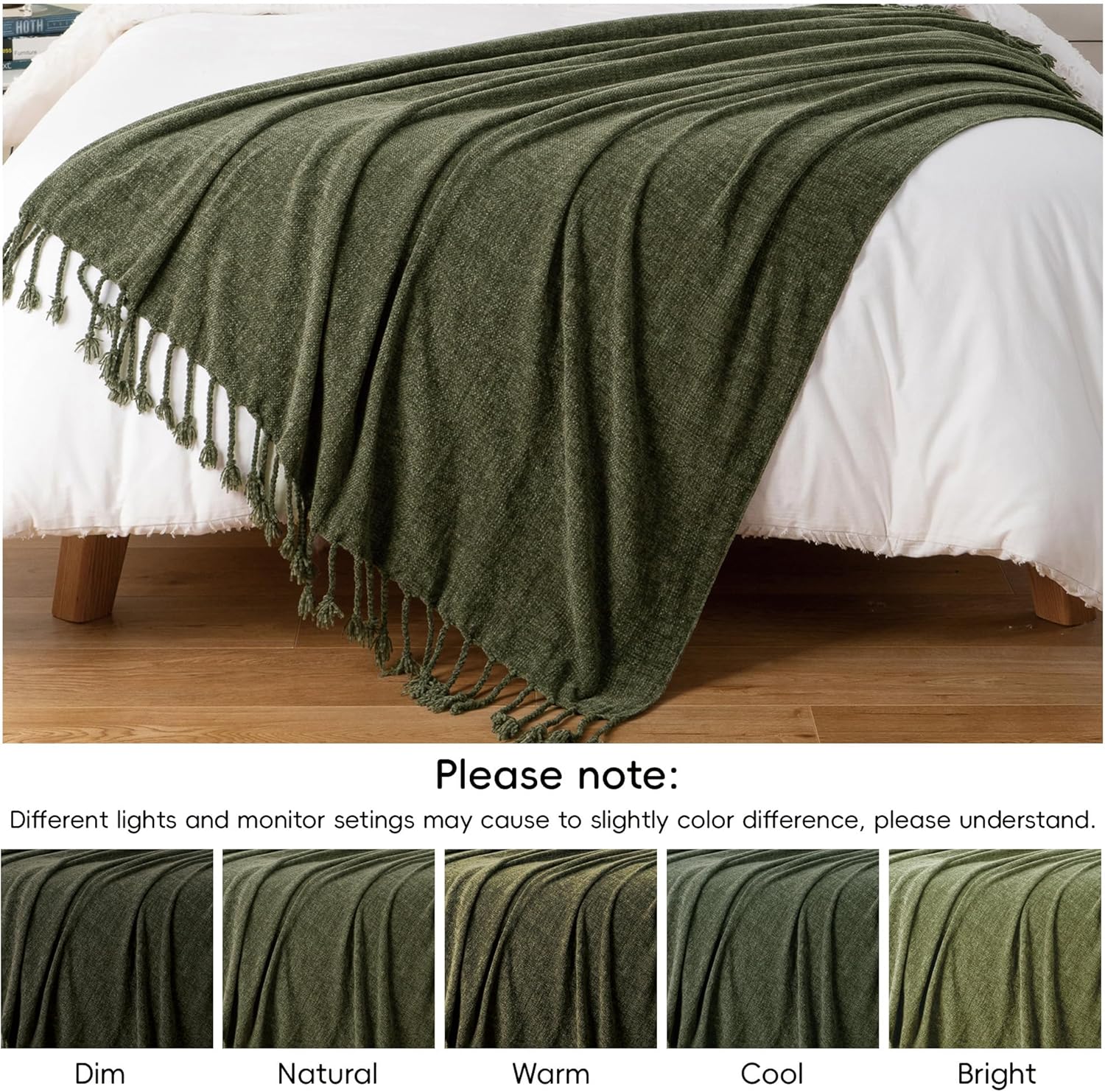 BATTILO HOME Olive Green Throw Blanket for Couch Bed Sofa, Soft Cozy Chenille Throw Blanket with Fringe Tassels, Lightweight Knit Throw Blanket for Home Decor, 50"x60" - Image 5
