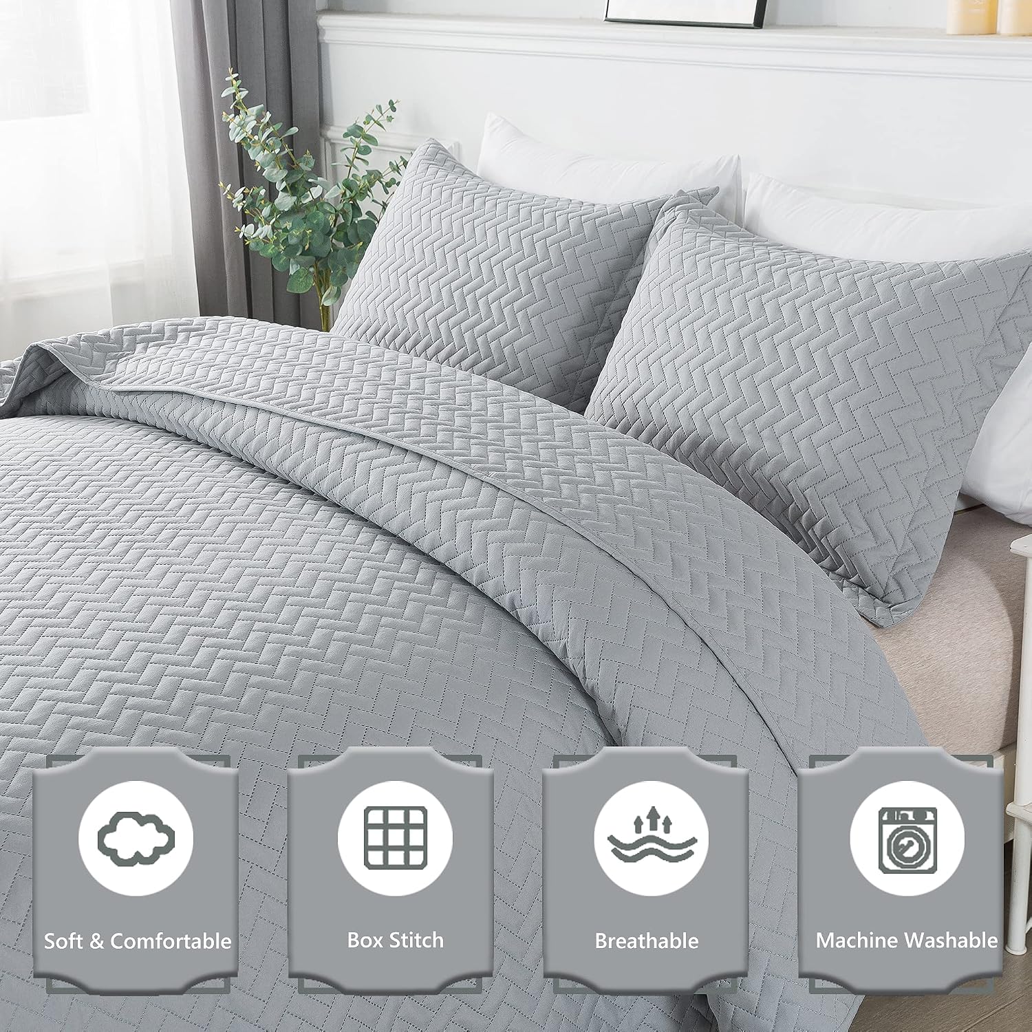 DOWNCOOL Grey Quilt Sets Twin with 1 Pillow Case - 2 Pieces Quilt Sets - Soft Bedspread Coverlet Bed Cover for All Season - Twin Size (68"x86")