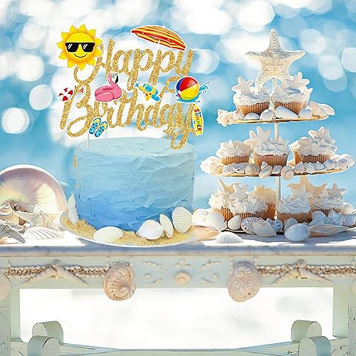 Miniatura 6 de Decoración hawaiana de verano para tartas de playa, decoración de pastel de cumpleaños, decoración de pastel de cumpleaños con purpurina para