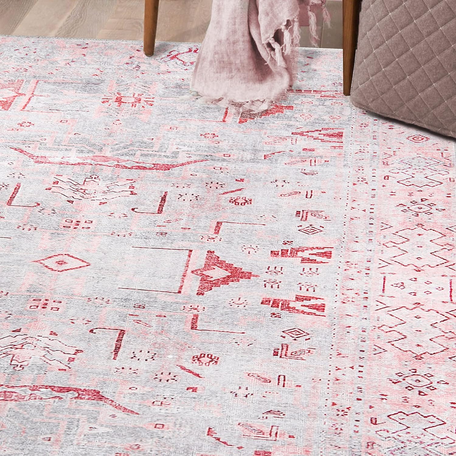 BLUENILEMILLS Rustic Farmhouse Geometric Power-Loomed Indoor Area Rug Collection, Oriental Flatweave Runner Rug with Durable Cotton Canvas Backing, 5' x 7' 6", Berry Red