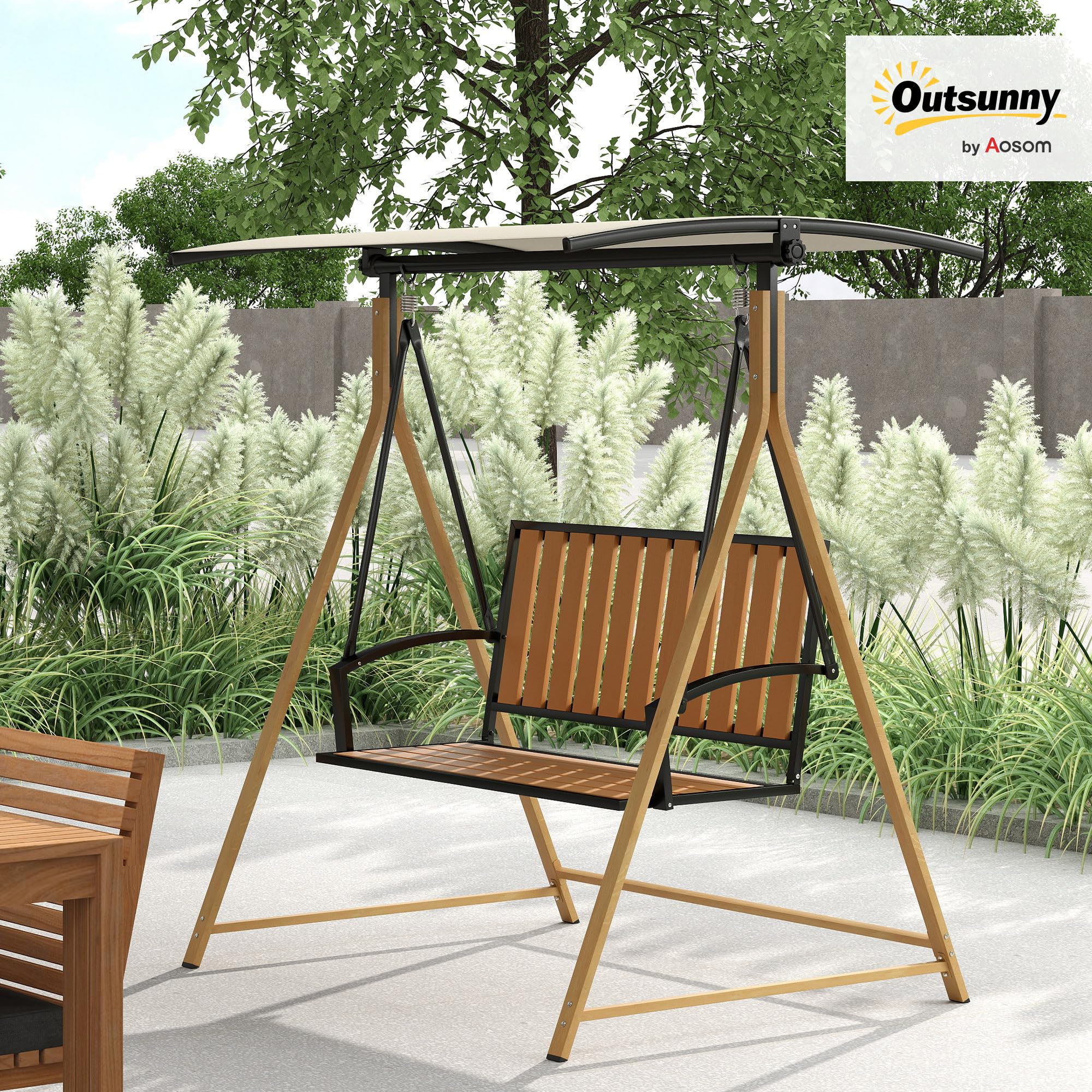 Outsunny Columpio de Jardín Exterior de 2 Plazas Grano de Madera Balancín de Jardín Exterior con Toldo Ajustable y Estructura de Metal Carga 240 kg 142x112x162 cm Natural y Beige