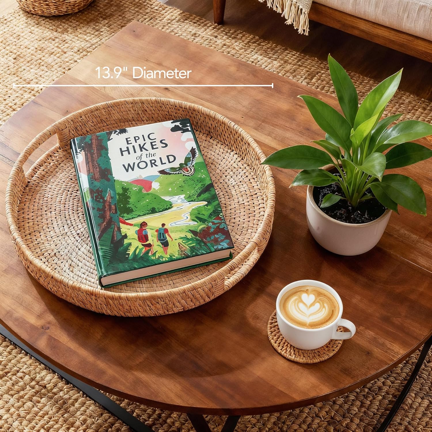 JUNGLE CULTURE Large Rattan Serving Tray 14" in Natural Honey • Round Table Basket • Wicker Ottoman Trays with Handles for Coffee Table, Bed Side or Couch • Flat Circle Woven Tray • Boho Farmhouse - Image 9