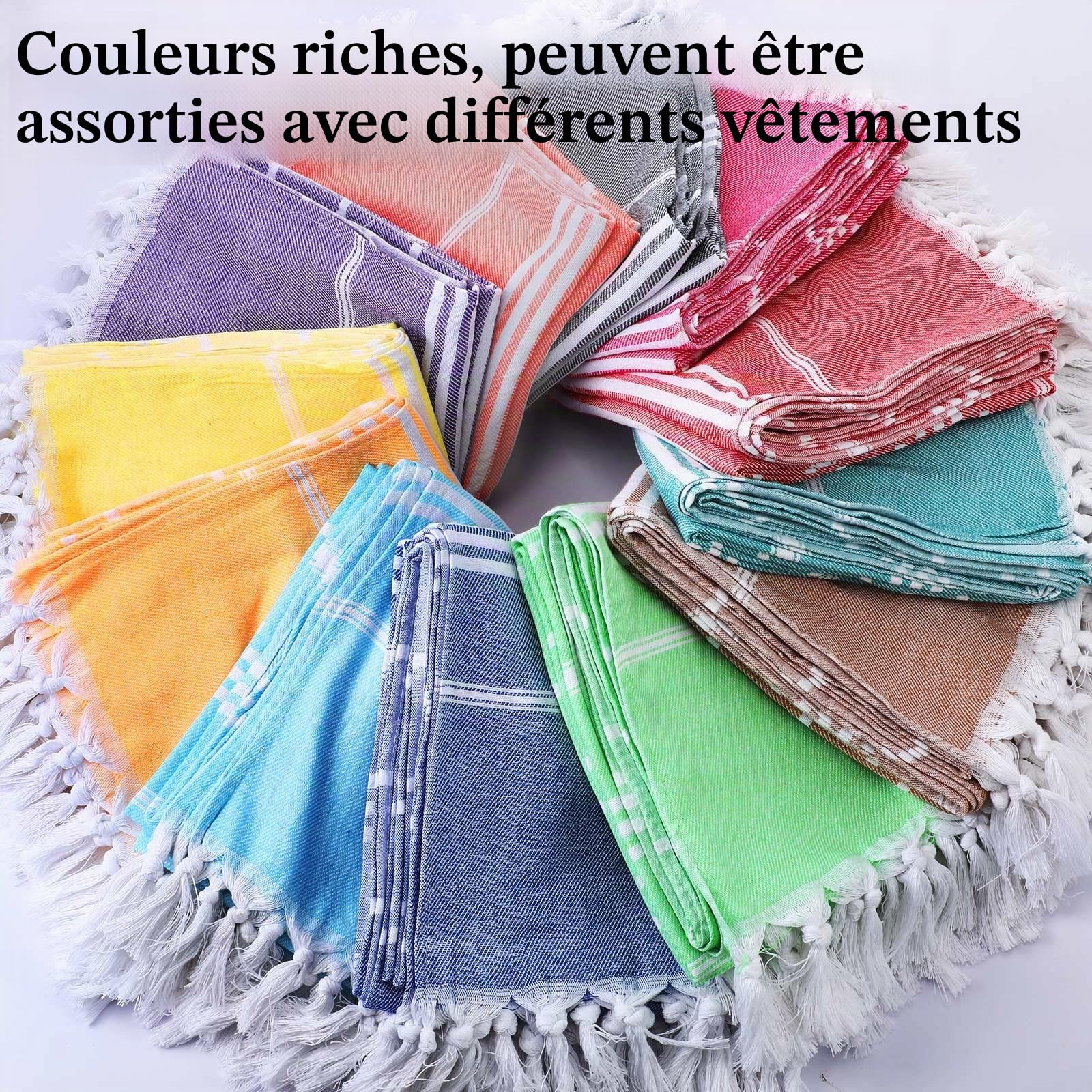 Lot de 12 Serviettes de Plage Turques Peshtemal en Vrac - 180 x 89 cm - Séchage Rapide - Légères - pour Adultes - pour Plage, Voyage, Piscine, Camping, Sauna, Bain, Spa - 12 Couleurs