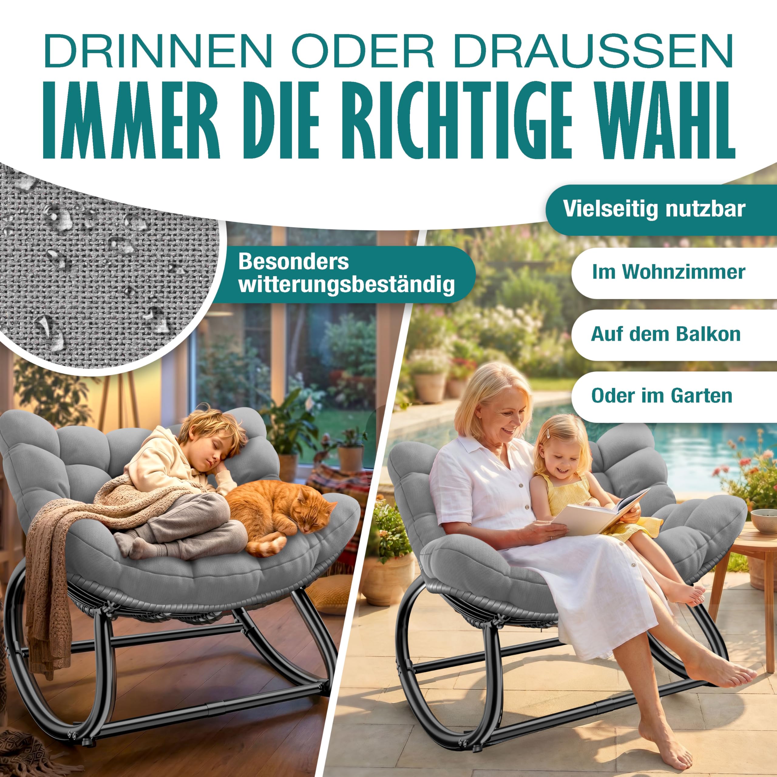 KESSER Sedia a dondolo per interni ed esterni, ergonomica, carico massimo di 120 kg, con piedini antiscivolo, resistente alle intemperie