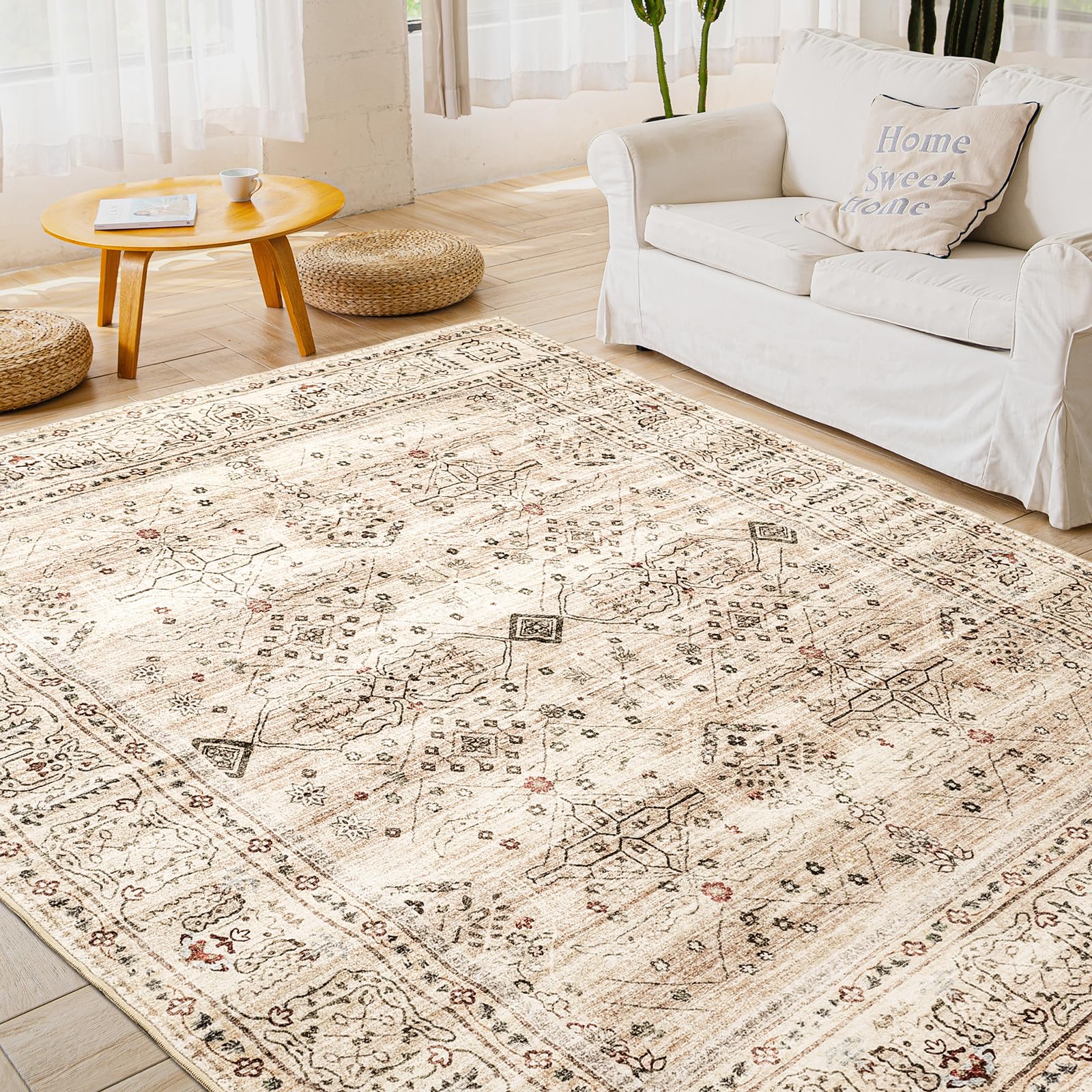 Photo 1 of Machine Washable Rug, 5x7 Rugs for Living Room, Vintage Design Non Slip Area Rug, Soft Boho Rug for Kitchen, Living Room, Bedroom, Dining Room, Beige & Brown