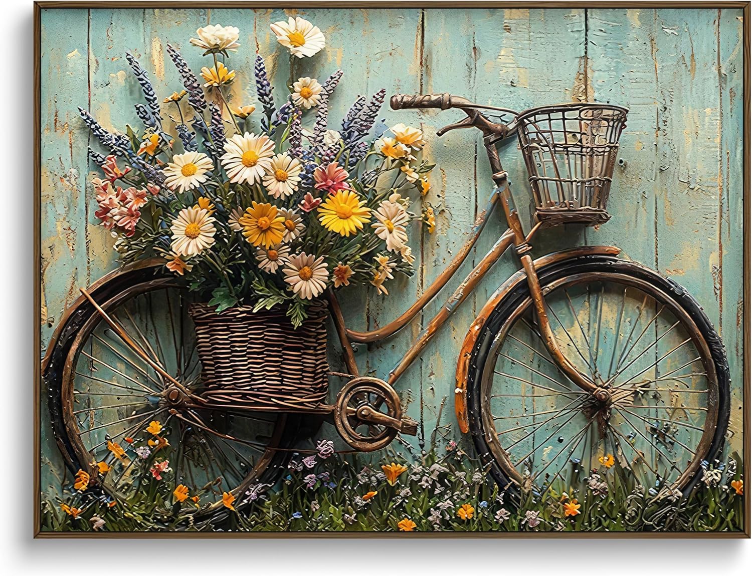 Paivovi Framed Rustic Farmhouse Daisy Floral Canvas Wall art Vintage Bicycle Flowers Painting Picture Wall Decor Flower Still Life Poster Print Artwork for Bathroom Living Decoration 12x16in