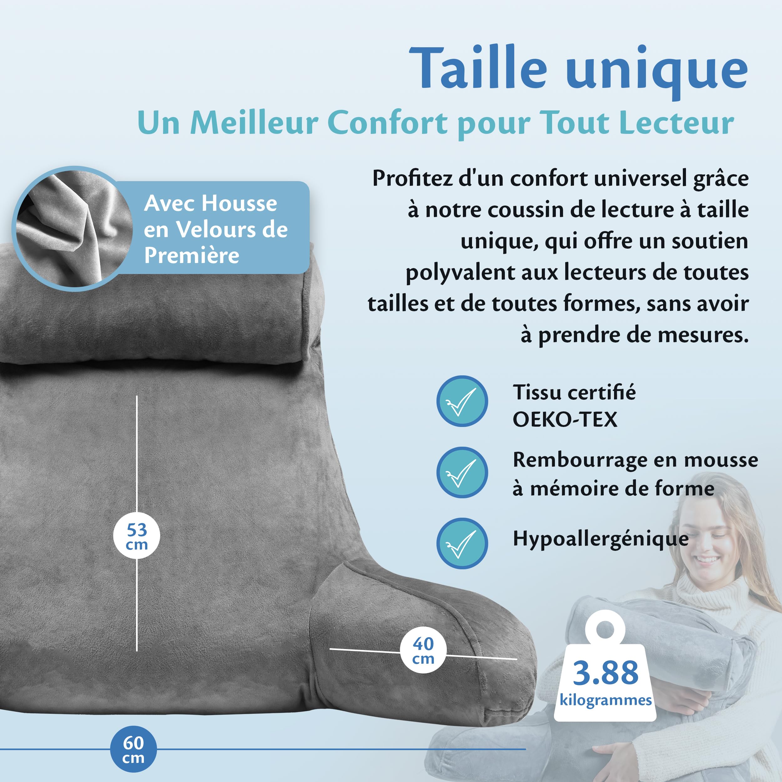 Ella Coussin de Lecture avec Rouleau de Cou - Oreiller de Lecture avec Accoudoirs, Soutien du Dos et du Cou pour la Lecture ou la Relaxation - Coussin de Dossier Fauteuil de Lecture - Velours (Gris)