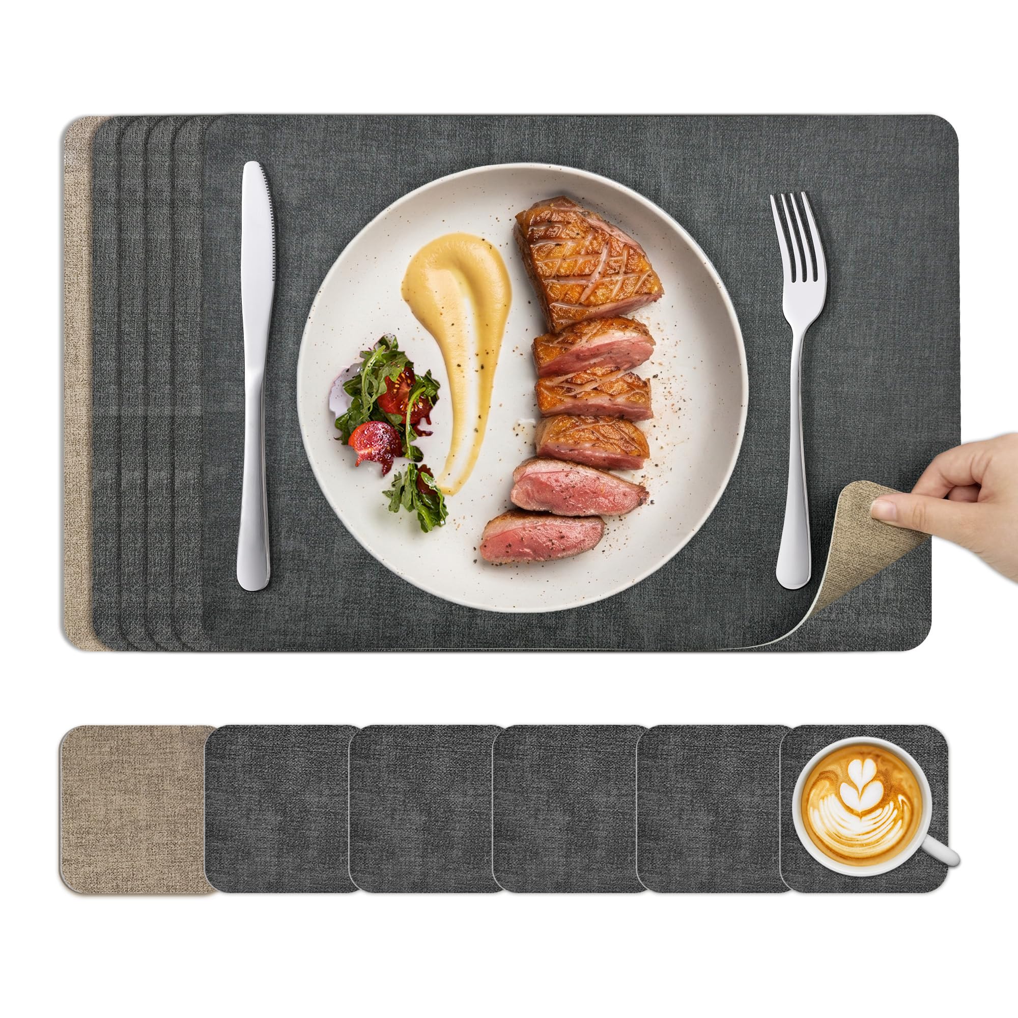Placemats and Coasters Set 6: KitchenBoss Dual Sided Place Mats for Table, Wipeable Black Dinner Mat Coaster Sets, Non Slip Washable Dining Table Plate Mats，43 * 30cm (Black + Grey Apricot)
