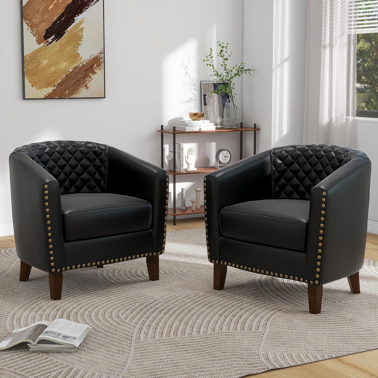 Pia Ricco Faux Leather Barrel Accent Chair, Comfy Club Armchair with Solid Wood Legs, Nailhead Trim Upholstered Single Sofa Chair for Living Room Bedroom/Reading Room, Tan, Set of 2