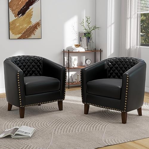 Miniatura 20 de Pia Ricco Juego de 2 sillas de barril de piel sintética, modernas y cómodas, sillas de club tapizadas con ribete de cabeza de clavo, sofá individual
