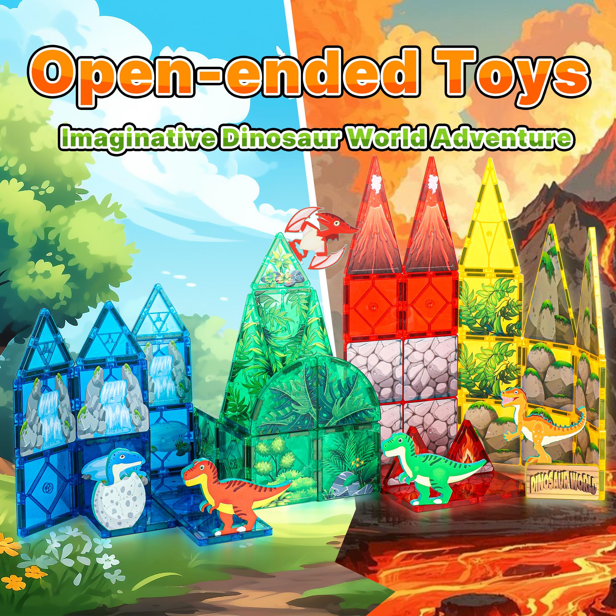 Dinosaur Magnetic Tiles Building Blocks Toys, STEM Educational Sensory Toys with Movable Dinos - Image 2