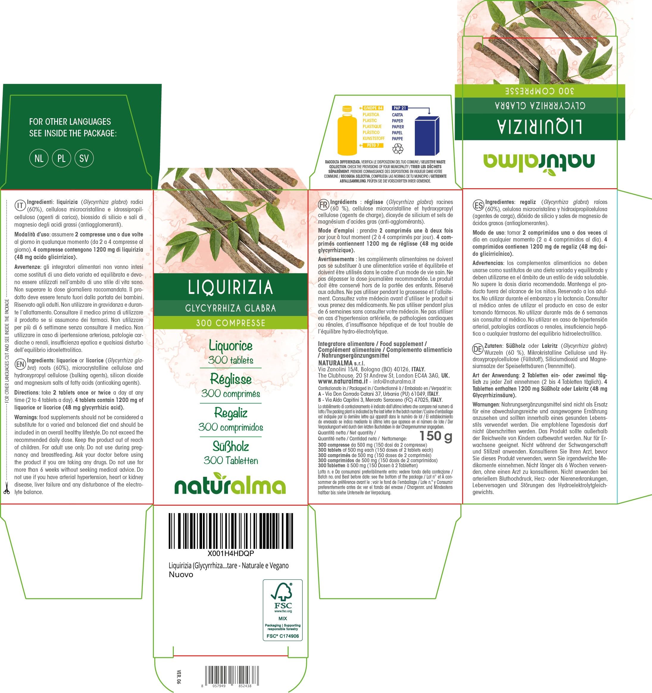 Liquirizia (Glycyrrhiza glabra) radici Naturalma - 150 g - 300 compresse - Integratore alimentare - Naturale e Vegano