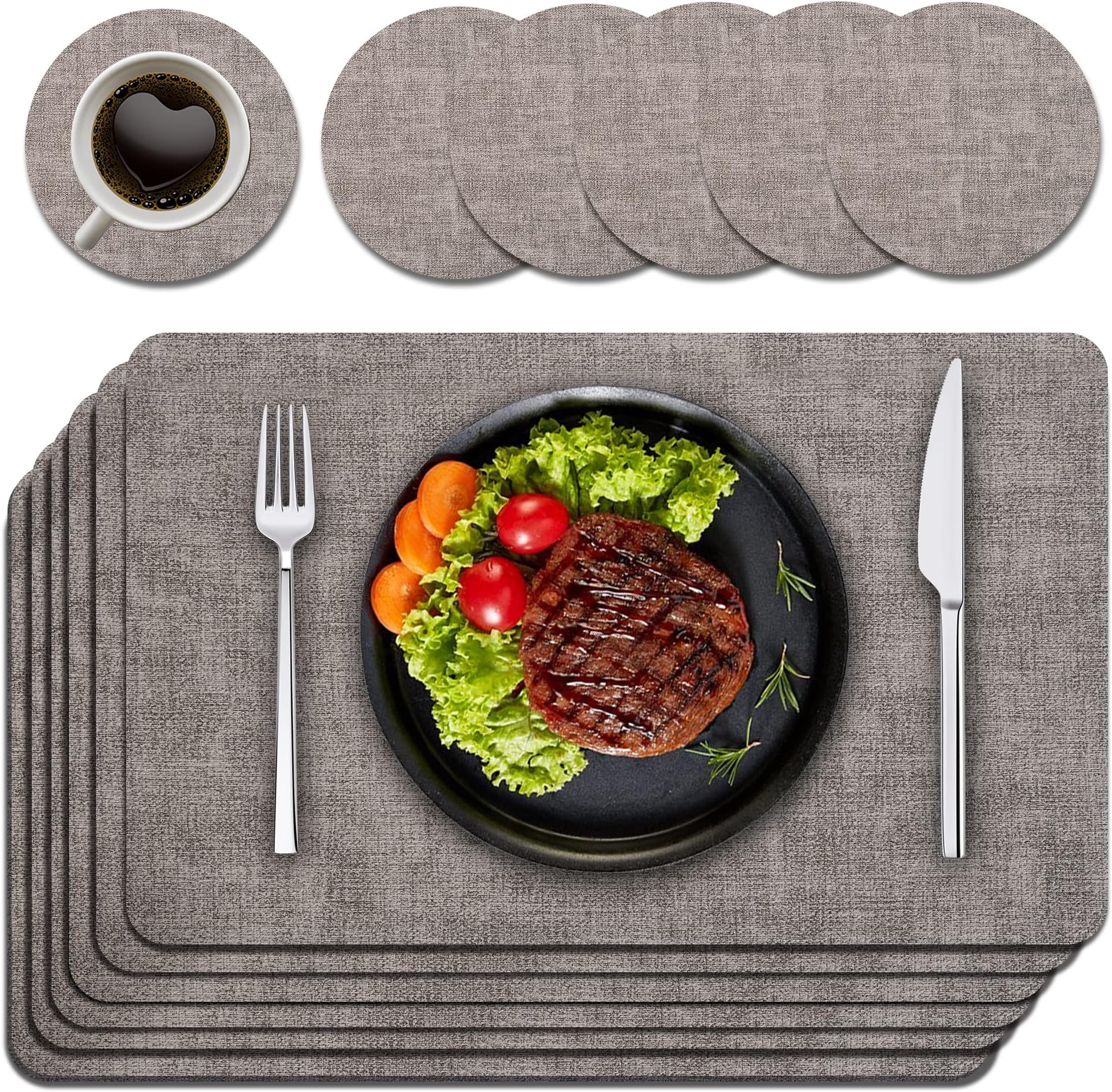 Purejoy Placemats and Coaster Sets 6, Christmas Table Mats PU Leather Heat-Resistant Washable and Non-Slip 43 * 30 cm Dinner Table Mats Set of 6 for Kitchen Mat Table Indoor (Light Grey)