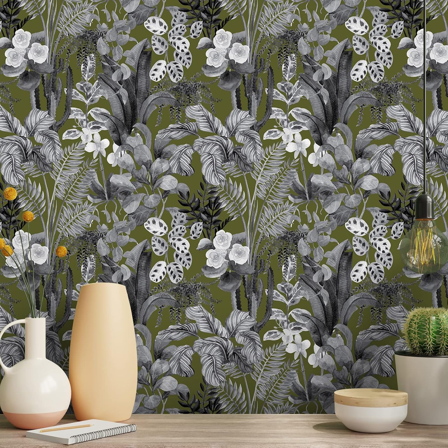 VEELIKE Exotic Tropical Peel and Stick Wallpaper Olive Green Grey Botanical Floral Wallpaper 17.7''x354'' Self Adhesive Contact Paper Moody Jungle Leaf Wall Paper for Bathroom Bedroom Living Room