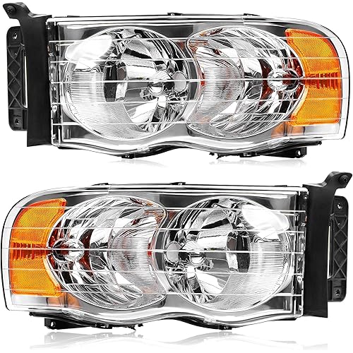 oEdRo Headlight Replacement for 2002-2005 Dodge Ram 1500/03-05 Dodge Ram 2500 3500, Headlamp with Amber Reflector Clear Lens Chrome Housing
