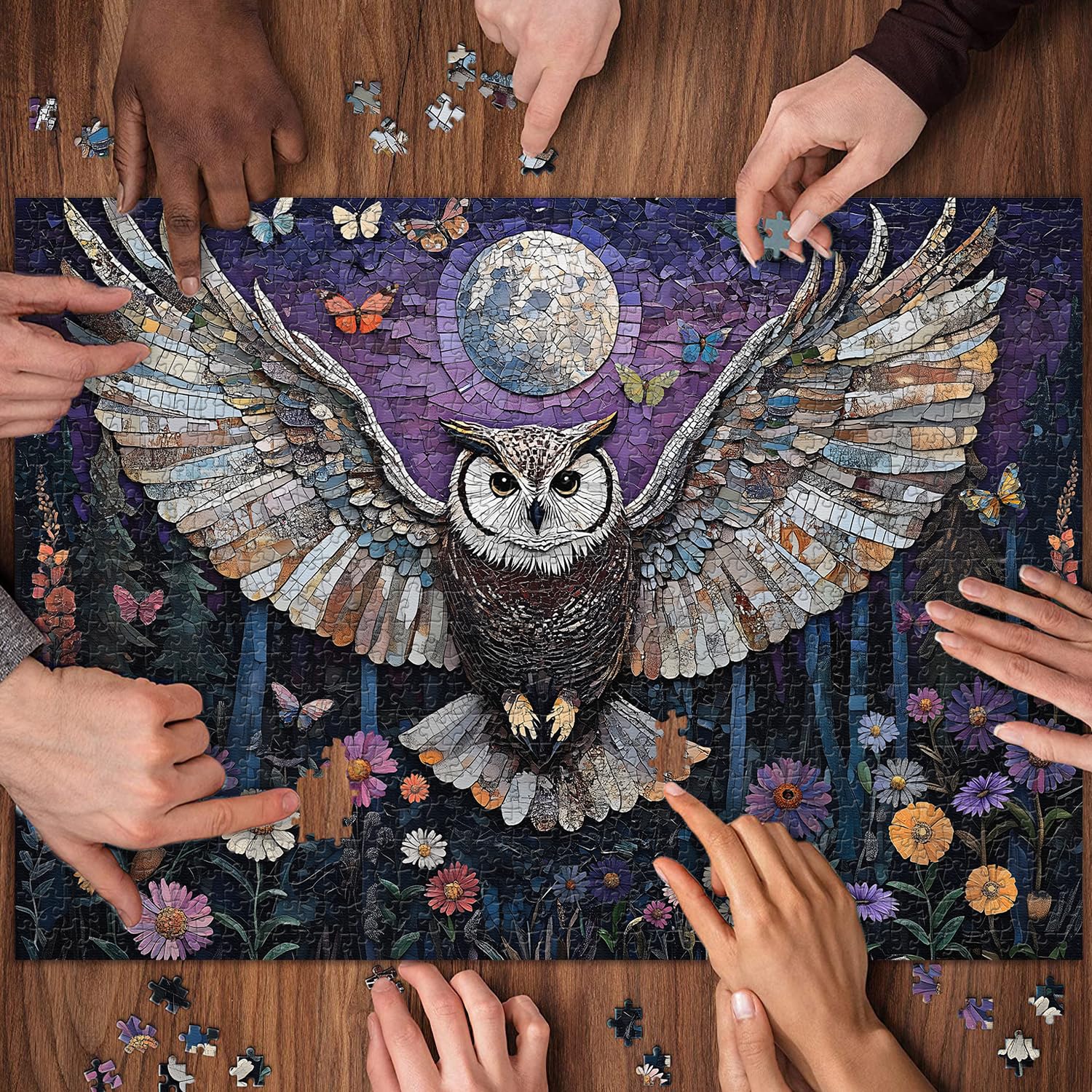 Mosaic Owl Puzzles for Adults 1000 Pieces, PICKFORU Wildflower Plant Forest Bird Puzzle, Impossible Unique Night Moon Flower Theme as Wall Decor - Image 3