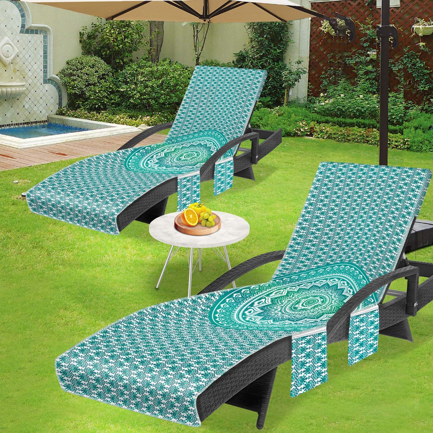 Lounge Chair Towel Cover, Chaise Lounge Cover (Pack of 2), Beach Chair Covers with 3 Pockets for Trips Beach Pool Garden Sunbathing Courtyard, 85 x30 in, Mandala Style Green