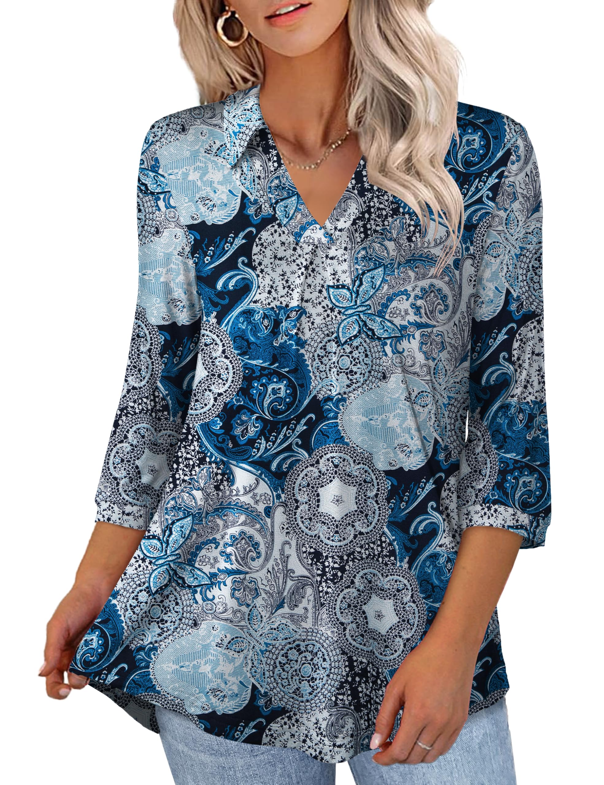 U.Vomade Women's 3/4 Sleeve Plus Size Tops Loose V Neck Blouses for Women L-4X