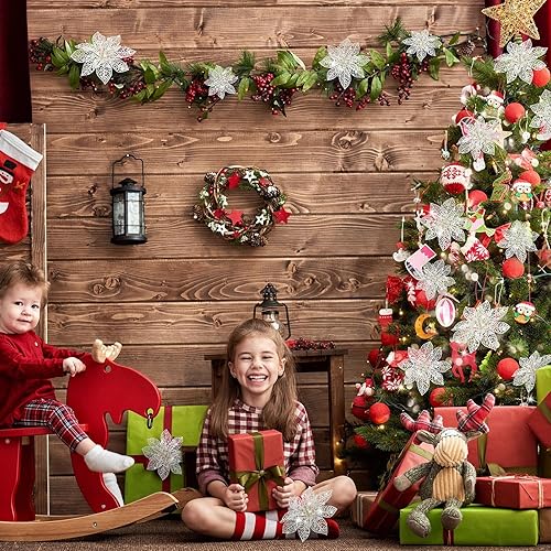 Vista 131 de 24 piezas de adorno de árbol de Navidad de Nochebuena con brillantina. Adorno de decoración de flores de Navidad. 3, 4 y 6 pulgadas / 7.62, 10.16