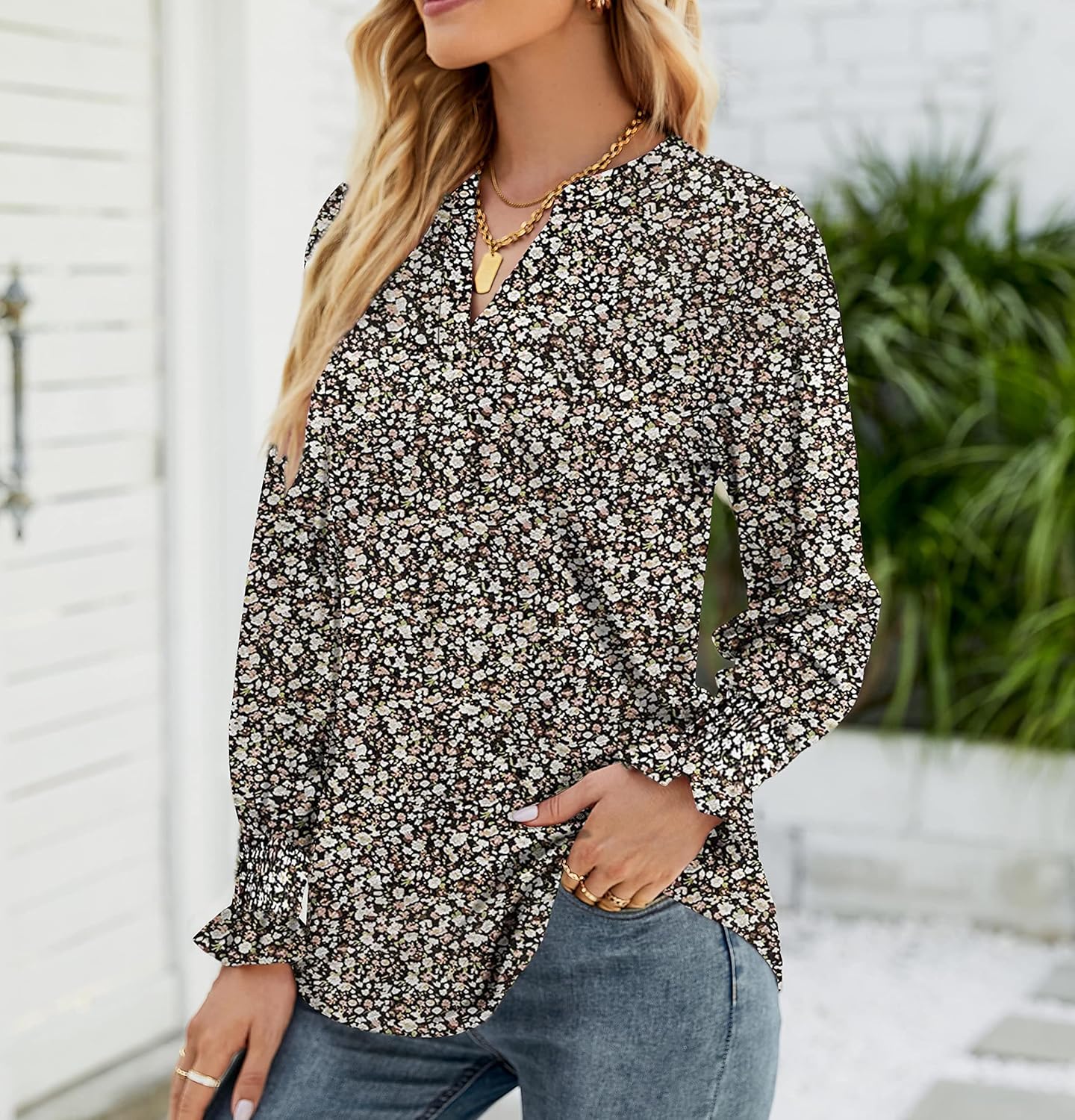 Women's Puff Long Sleeve V Neck Tunic Tops 2025 Casual Loose Solid/Floral Tunic Blouse Shirts - Image 2