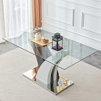 63" Glass Dining Table, Modern Rectangle Kitchen Table for 4-6 People, Dinner Table with 0.39 inch Thick Tempered Glass Top and Artistic MDF Legs for Kitchen Dining Room