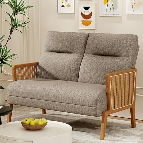 Miniatura 9 de Love Seat - Sofá pequeño tapizado con reposabrazos de ratán natural, respaldo, sofá biplaza para sala de estar, dormitorio, color beige Beige,Marrón