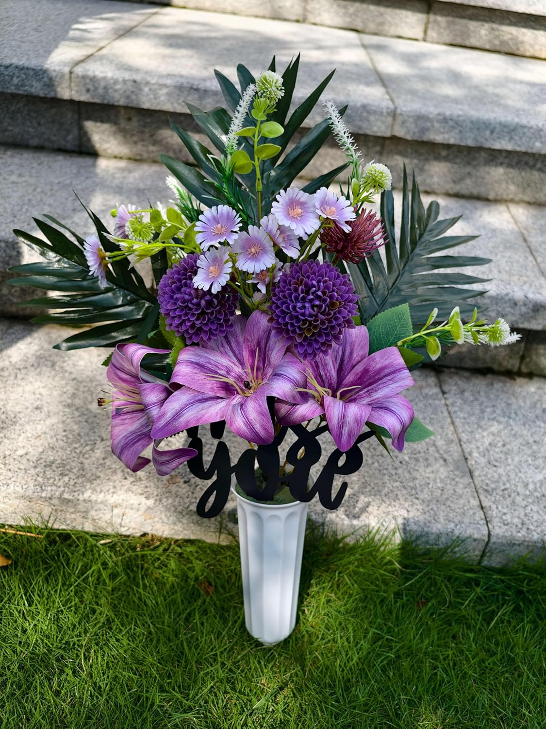 Artificial Purple Lily Cemetery Flowers with Vase and Miss You Metal Sign - Purple Memorial Grave Decorations for Gravesite, Headstone, Tombstone