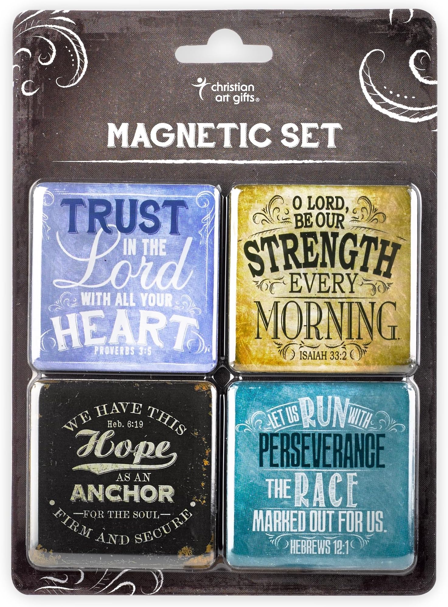 Christian Art Gifts Inspirational Refrigerator Scripture Magnet Set with Bible Verse: Finishing Strong - Inspirational Vintage-Themed Fridge Magnet, Home & Kitchen Decorations, Set of 4, Size 2" x 2"