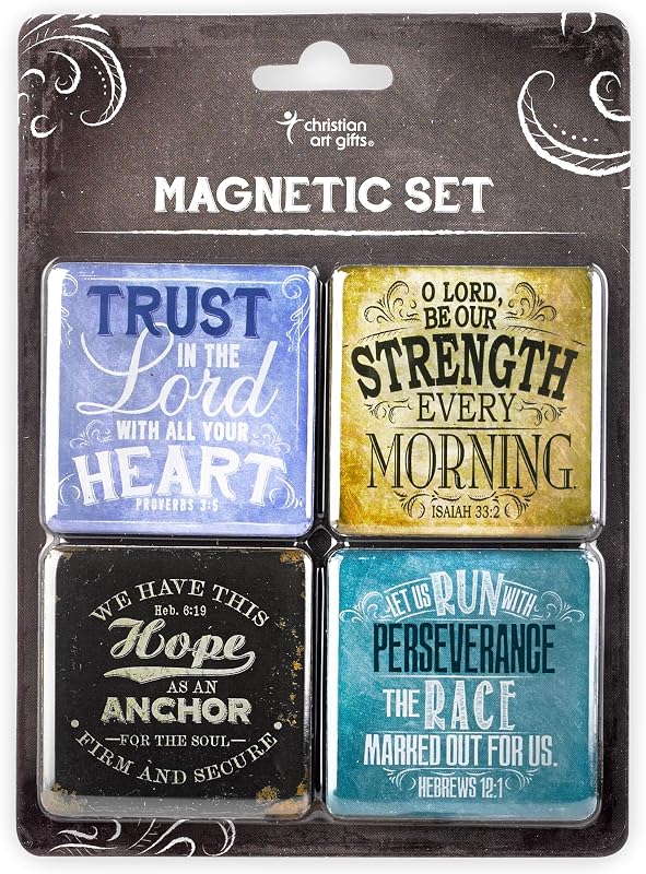 Christian Art Gifts Juego de imanes inspiradores para heladera con versículo bíblico: acabado fuerte, imán inspirador para heladera con temática vintage, decoración para el hogar y la cocina, juego de 4, tamaño 2 x 2 pulgadas