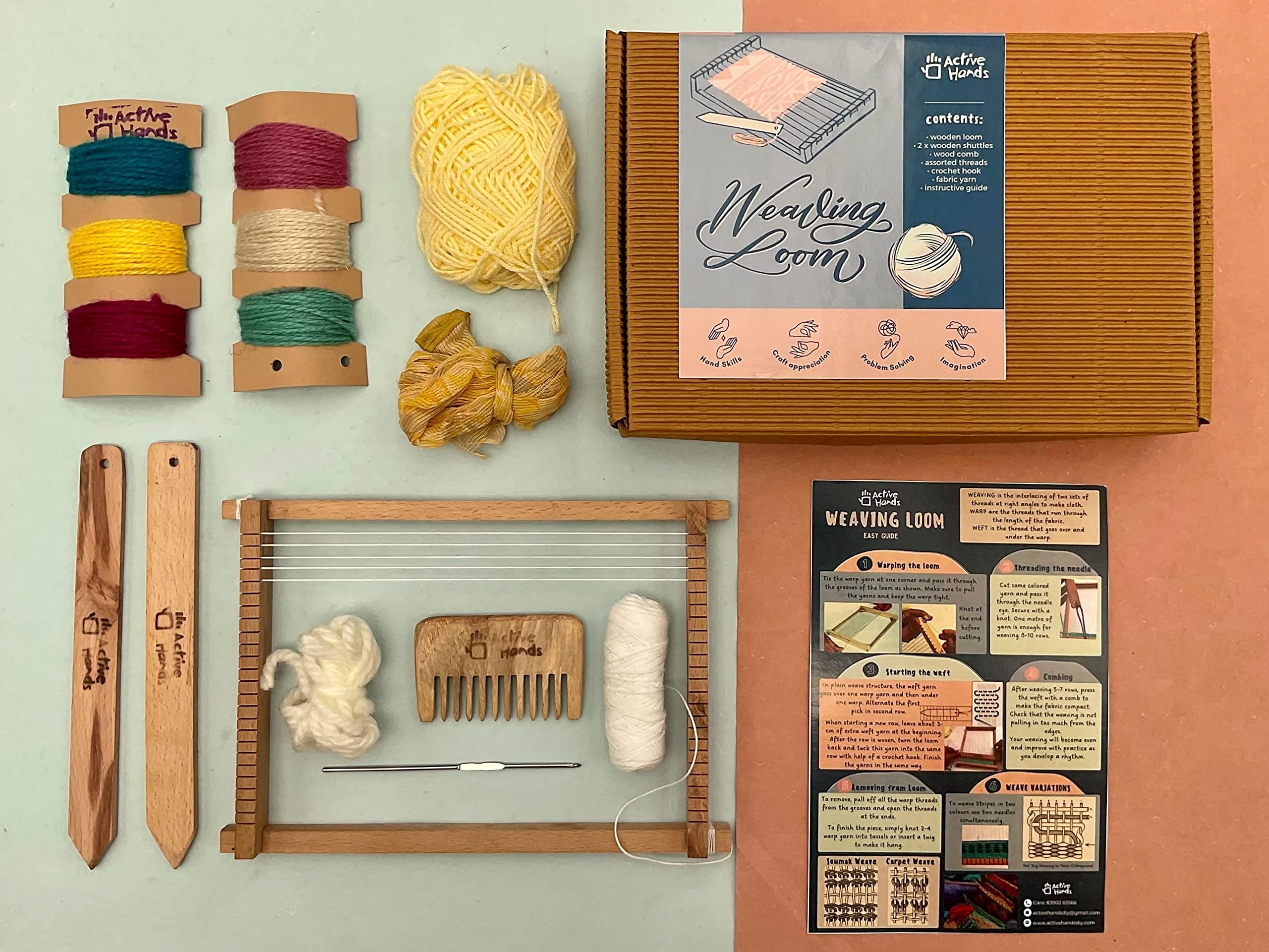 - active hands Wood Diy Weaving Loom Kit With Wooden Loom, Needles, Comb, Coloured Yarns, Wrap Thread, Crochet Hook, Recycled Fabric, Multicolour, 1X 2X 6 Fabric