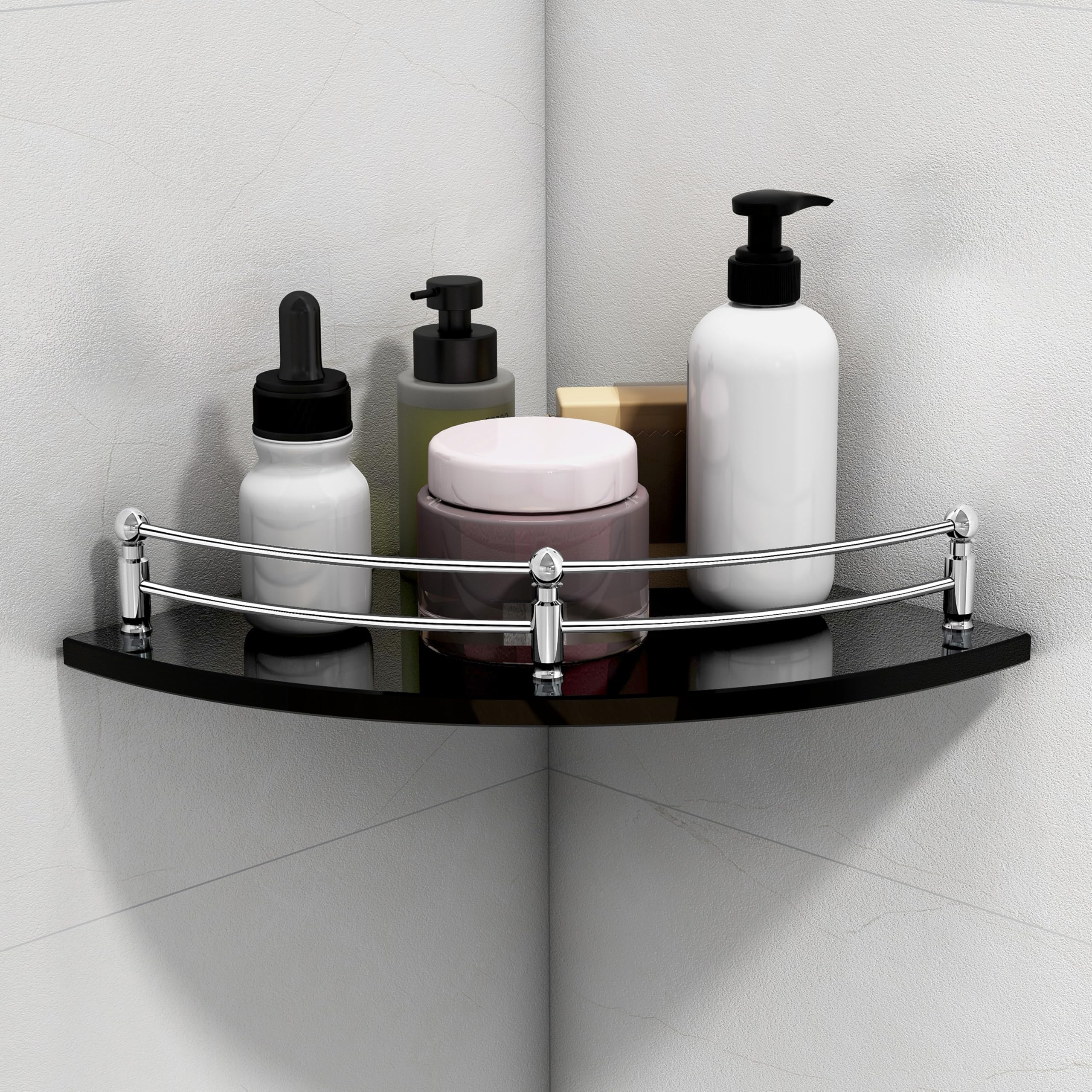 Plantex Glass Corner Shelf for Bathroom/Bathroom Glass Shelf/Bathroom Corner Shelf/Corner Shelf for Kitchen (Black-9x9 Inches-Pack of 1)