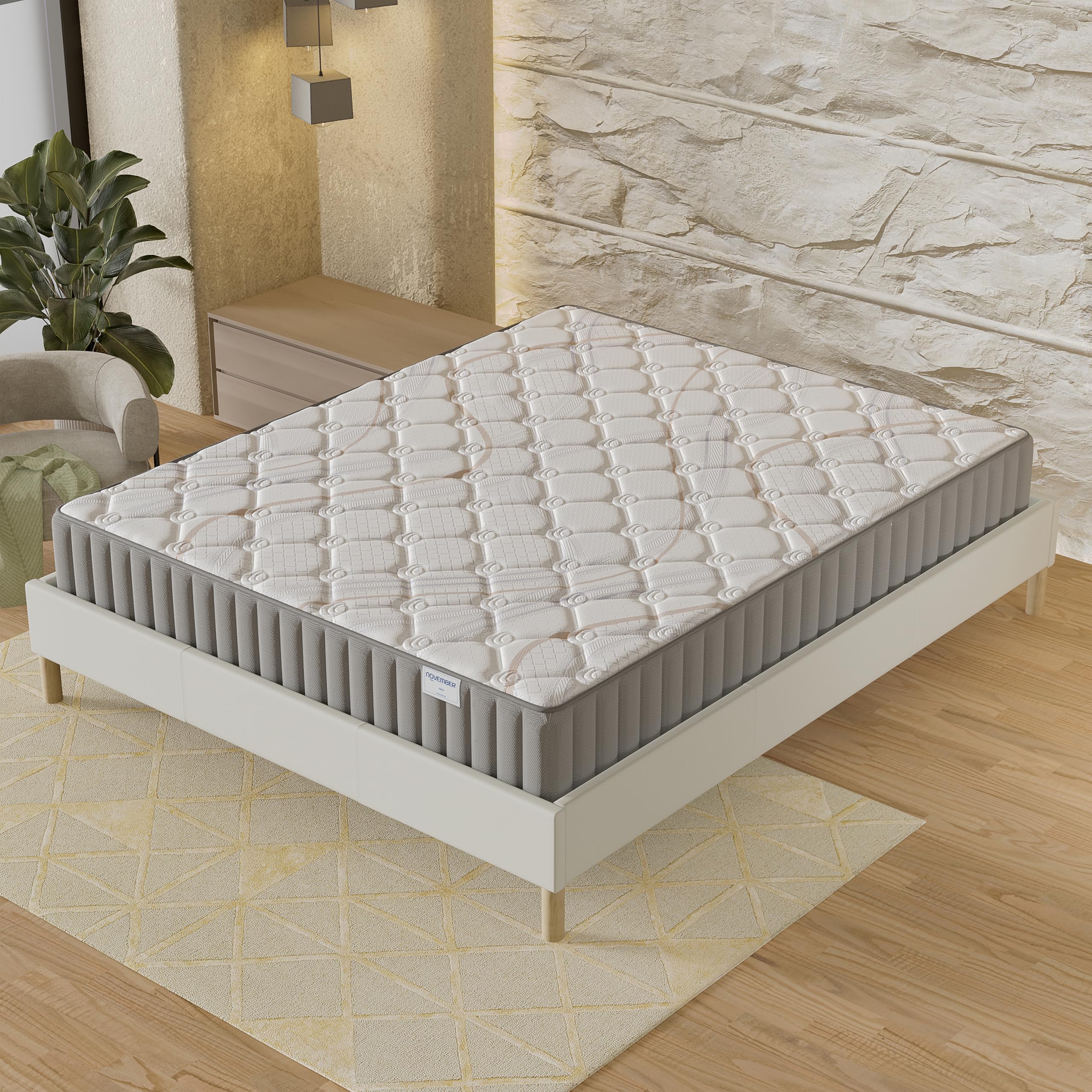 NOVEMBER- Ensemble Matelas + sommier (120 x 190cm) - Matelas Sirius Latex Naturel & Mousse Haute Densité d’épaisseur 16cm + Sommier Bois Stable & Robuste revêtement Tissu Blanc