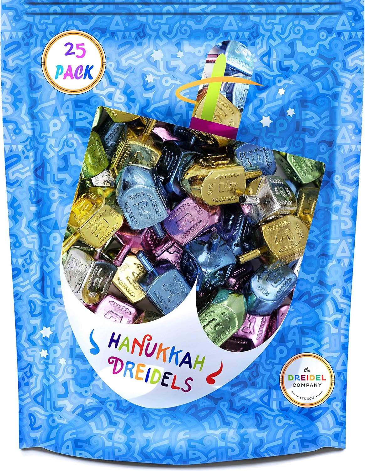 The Dreidel Company Hanukkah Metallic Multi-Colored Draydels with English Translation, Spinning Tops Includes Game Instruction Card (25-Pack)