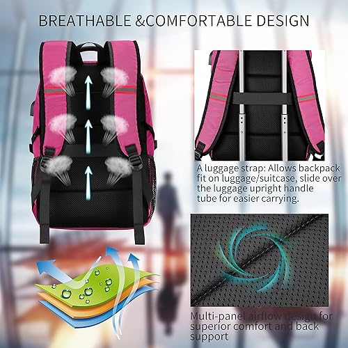 Miniatura 5 de Cafele Mochila grande para laptop de 17.3 pulgadas para adolescentes, viajes, escuela, trabajo, con puerto de carga USB, para mujer, color rosa