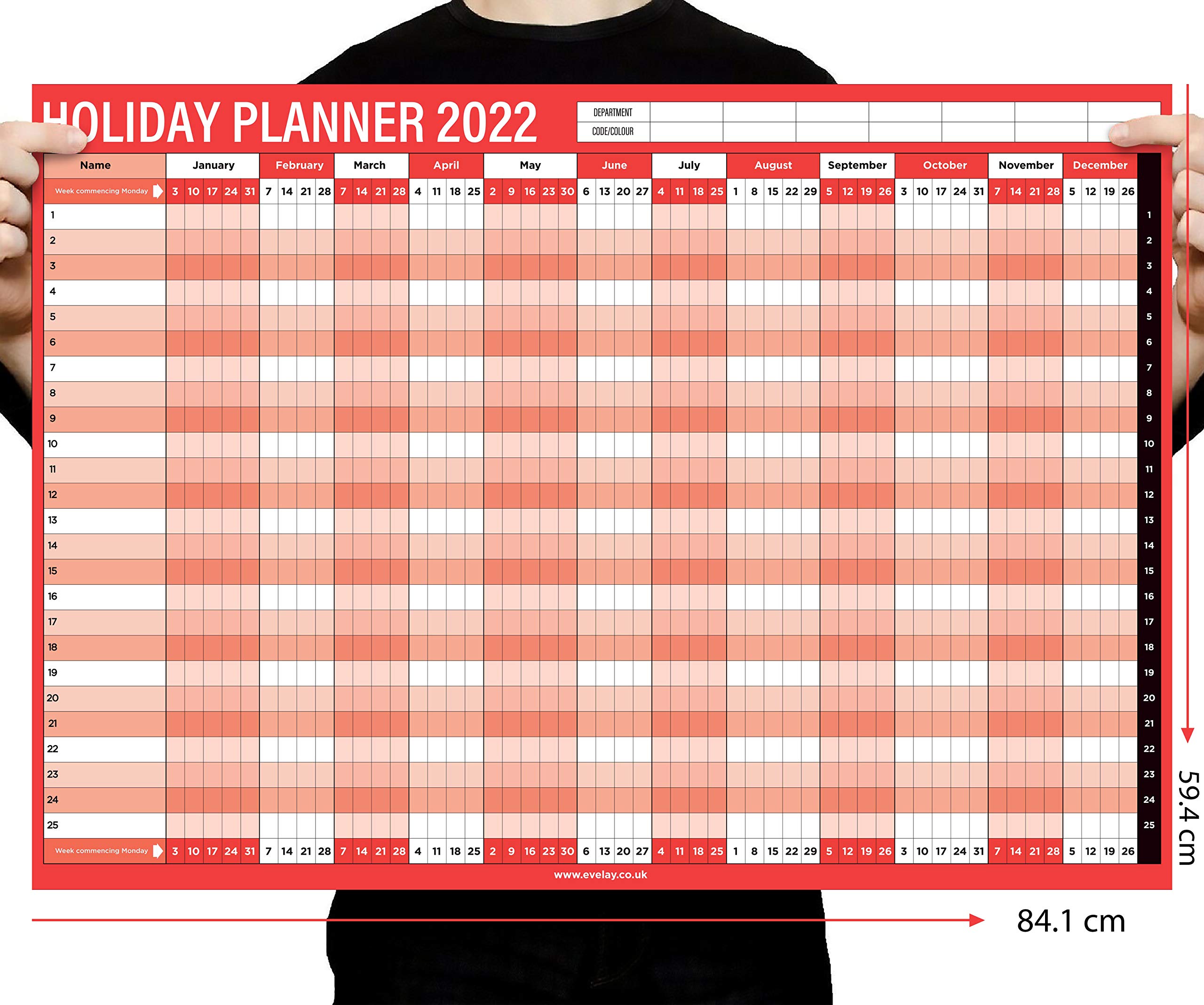 2022 Staff Holiday A1 Wall Planner Calendar Year Home Office Work Jan Dec