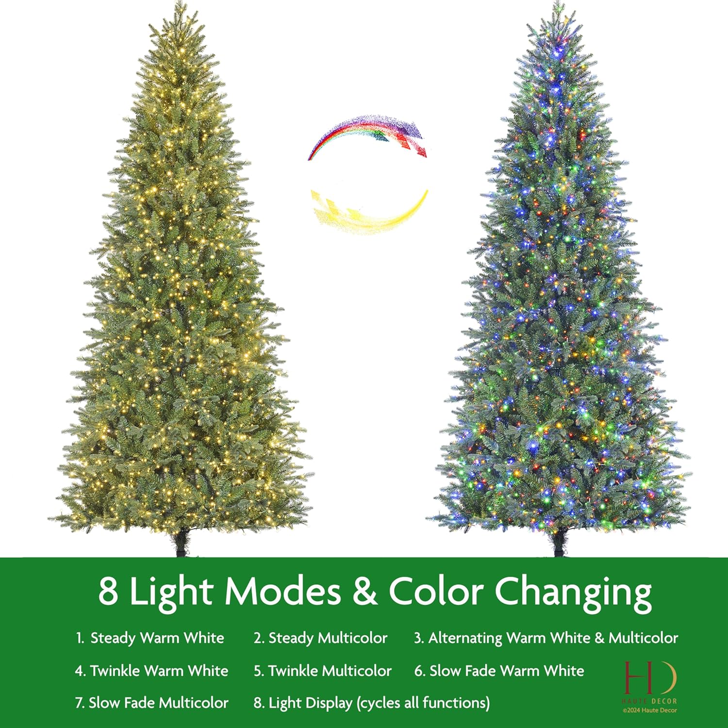 Graphic illustrating 8 light modes and color changing feature of Haute Decor Christmas tree