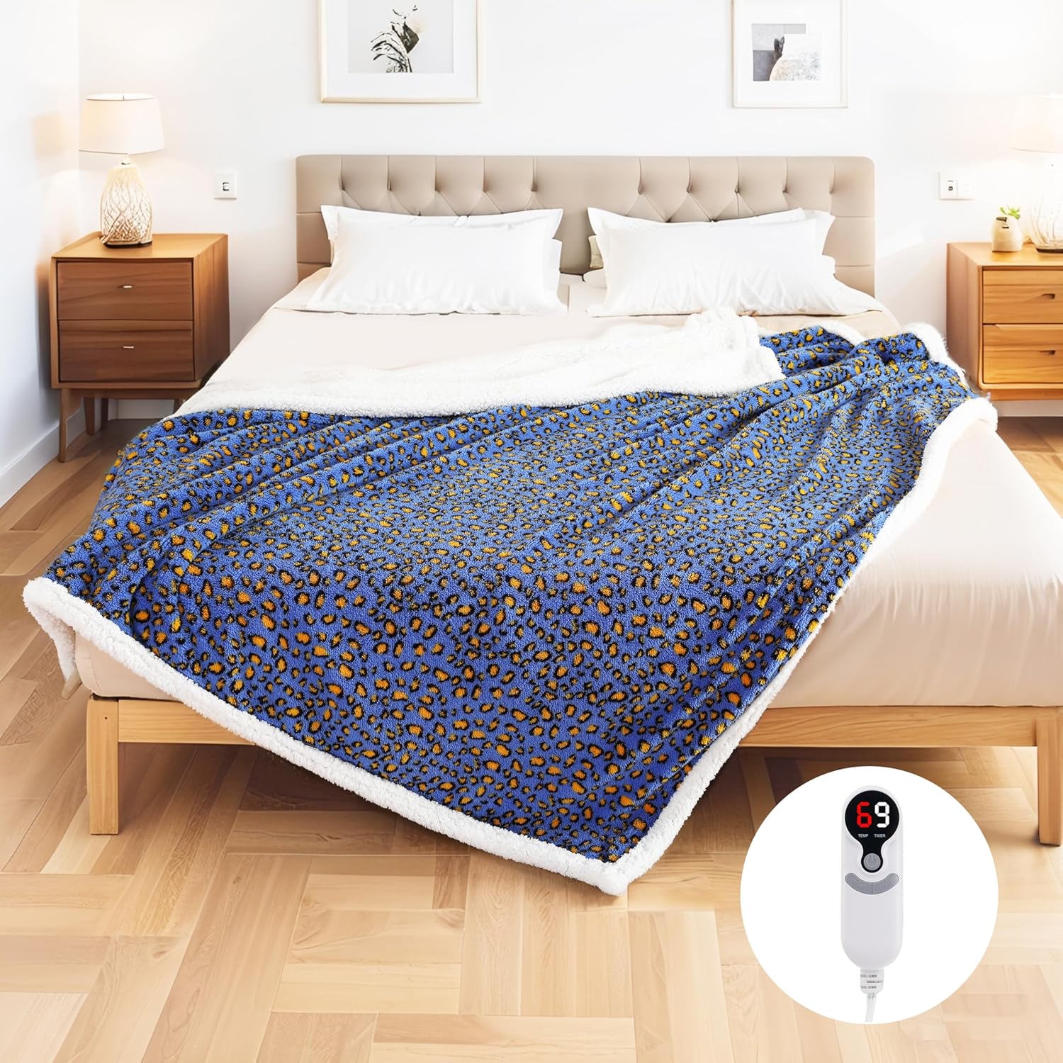 Electric Heated Blanket Full Size 72"x84", Ultra-Soft Plush with Overheat Protection, 9 Adjustable Heat Settings & 10-Hour Auto-Off Timer, Fast Heating for Winter Comfort, Blue Yellow Leopard Print - Image 9