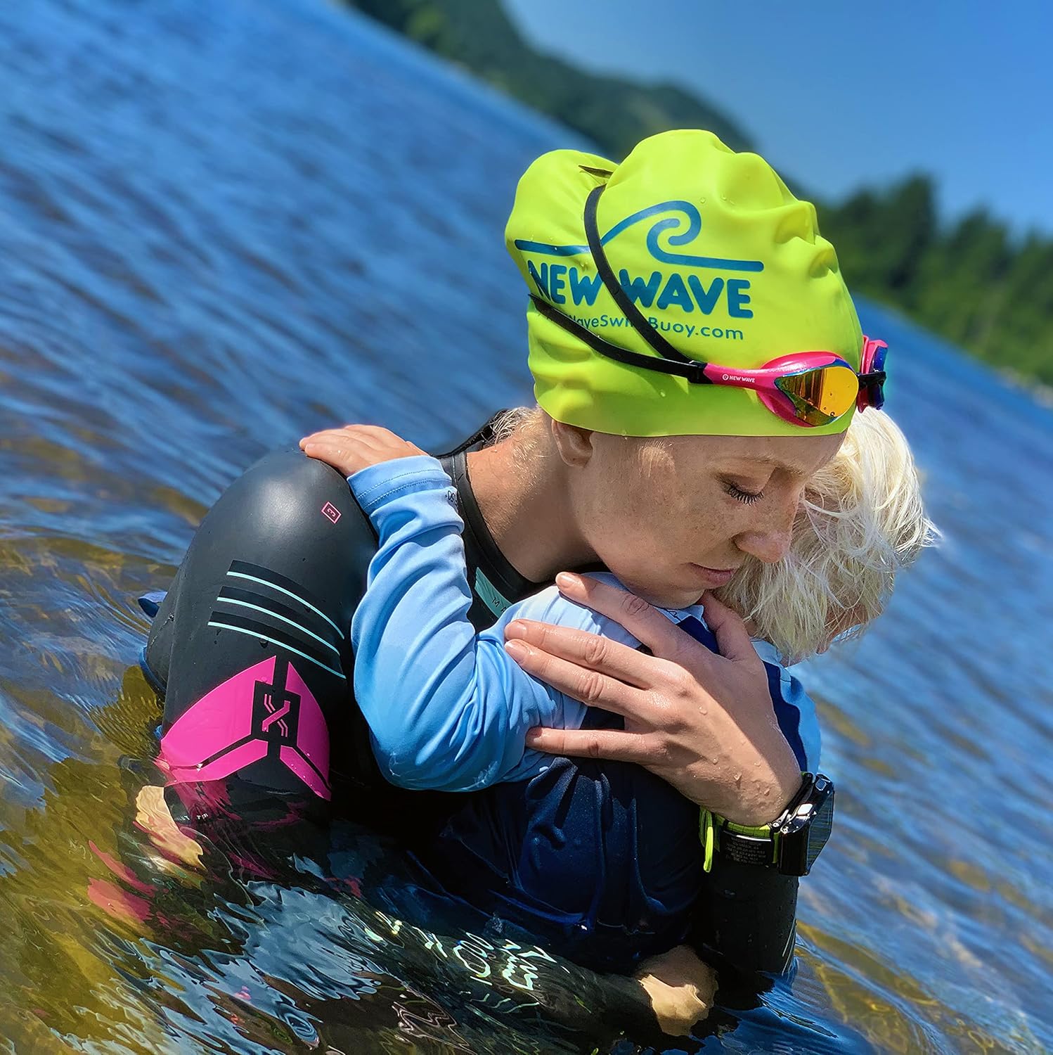 New Wave Swim Goggles with Protective Storage Case - Anti Fog Lenses, Four Nose Bridges for Triathlon & Open Water Swimming (Bubble Dreams = Revo Lens in Pink Frame)