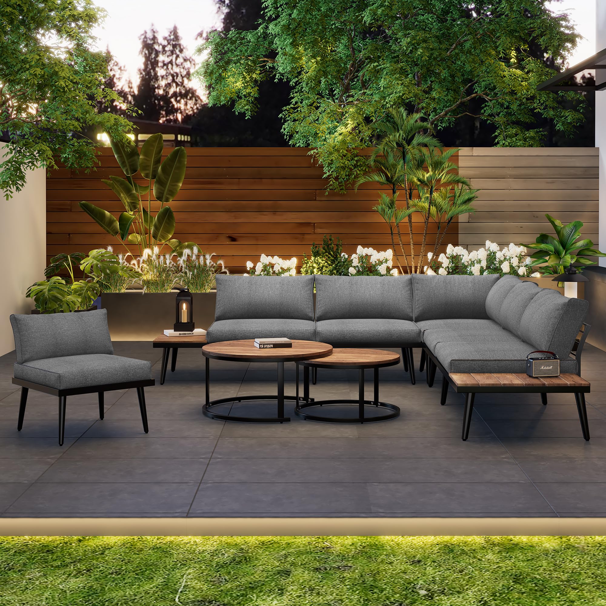 Salon de Jardin Exterieur 6 Places,Ensemble de Meubles d’Extérieur pour 7 à 8 Personnes avec 2 Canapé 2 Places,2 Canapés 1 Place,2 Table à Manger et Coussins