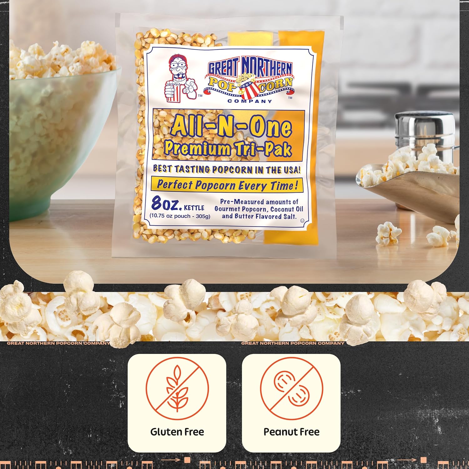 All-in-One Premium Tri-Pack Popcorn - 10.75-Ounce Movie Theater Popcorn for Commercial 8-Ounce Kettle Poppers - 12/Case by Great Northern Popcorn