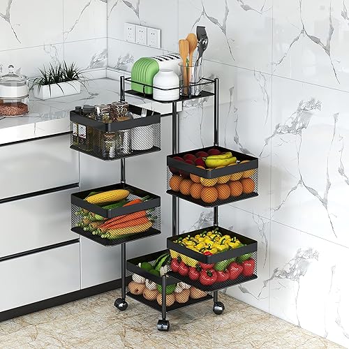Vista 27 de Estante giratorio de almacenamiento de cocina, carrito de cesta de frutas y verduras, estante de baño, organizador de cocina y estante